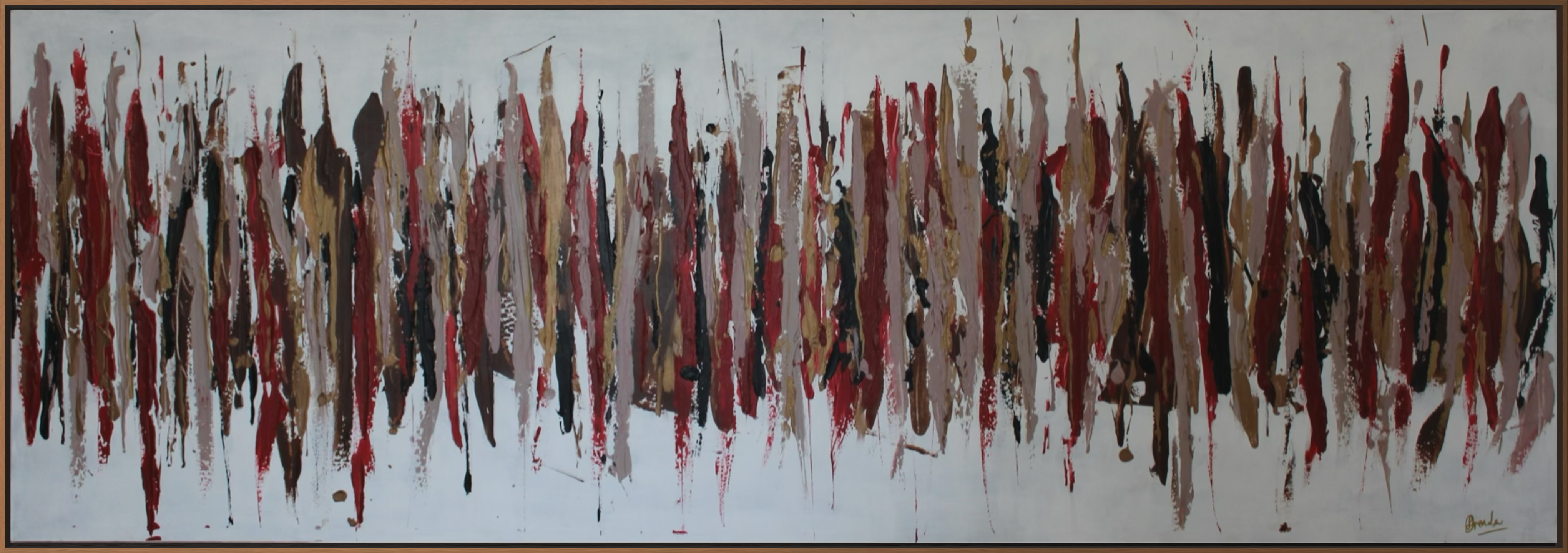 After the Fire — 180 × 68 cm abstracted landscape, charred reds and whites, natural oak frame