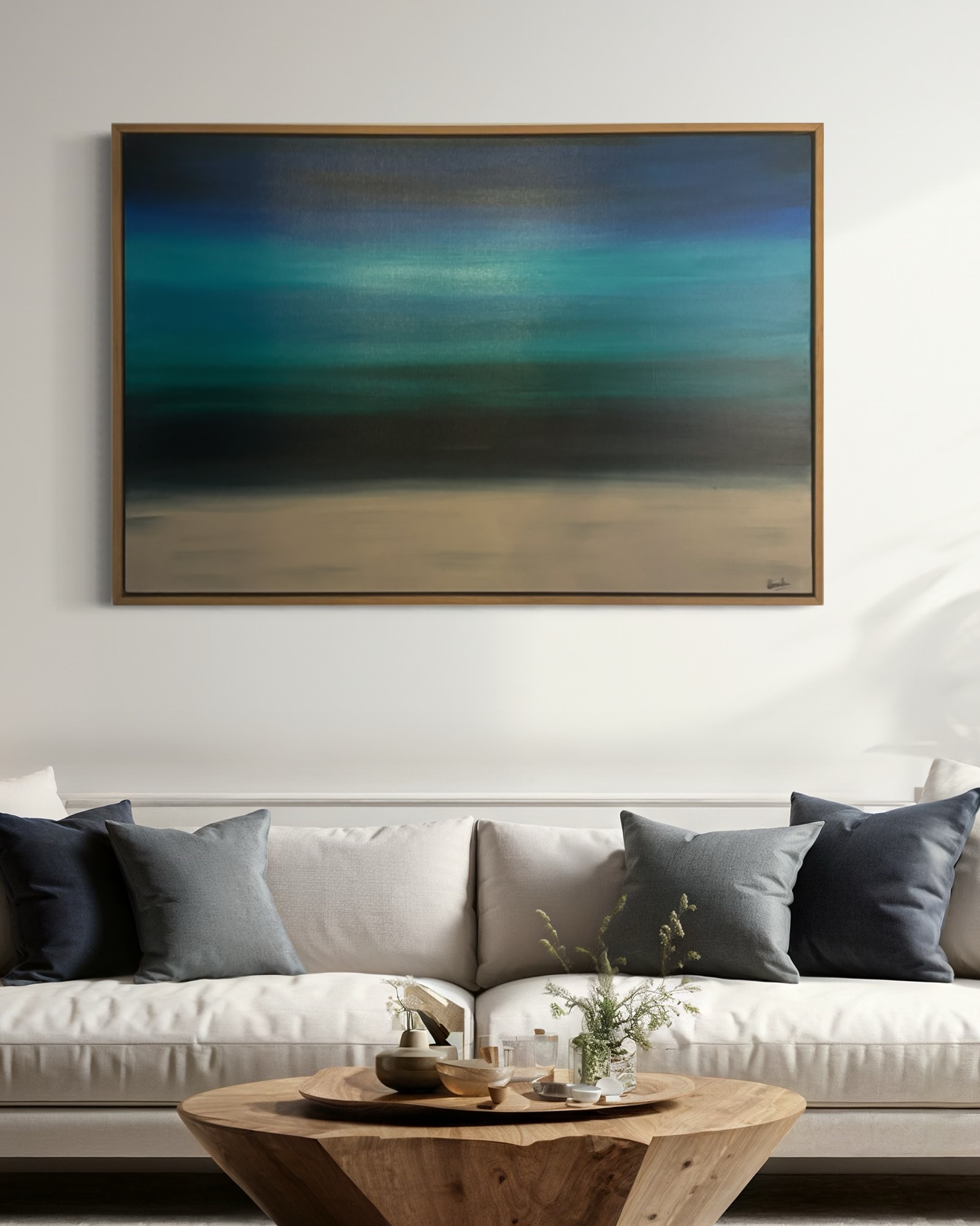 Bondi Midnight — three-band abstract seascape, blackbutt frame, above a neutral sofa with navy cushions