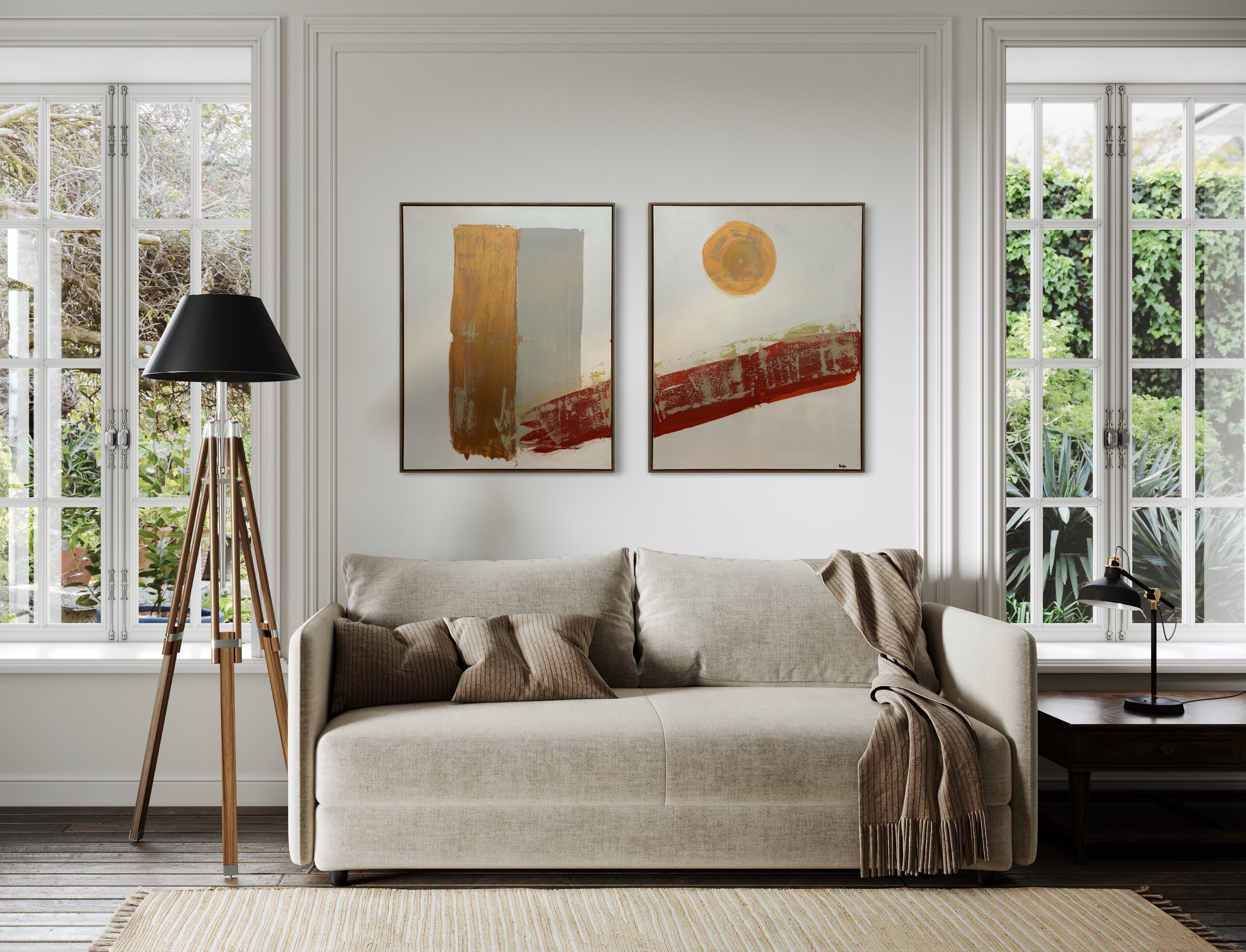 From Dusk Till Dawn — minimalist diptych in warm earthy wash, in situ