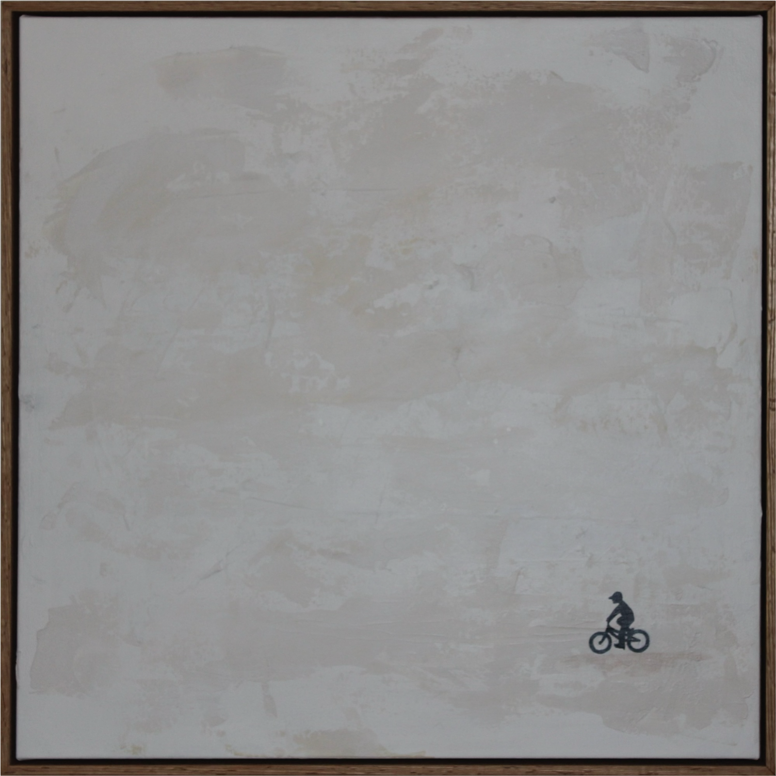 Spring, panel 2 — boy on a bicycle, silhouette on cream impasto