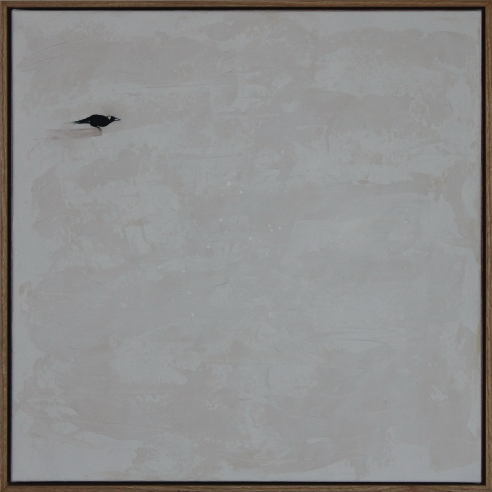 Spring, panel 1 — magpie silhouette on cream impasto, oak frame