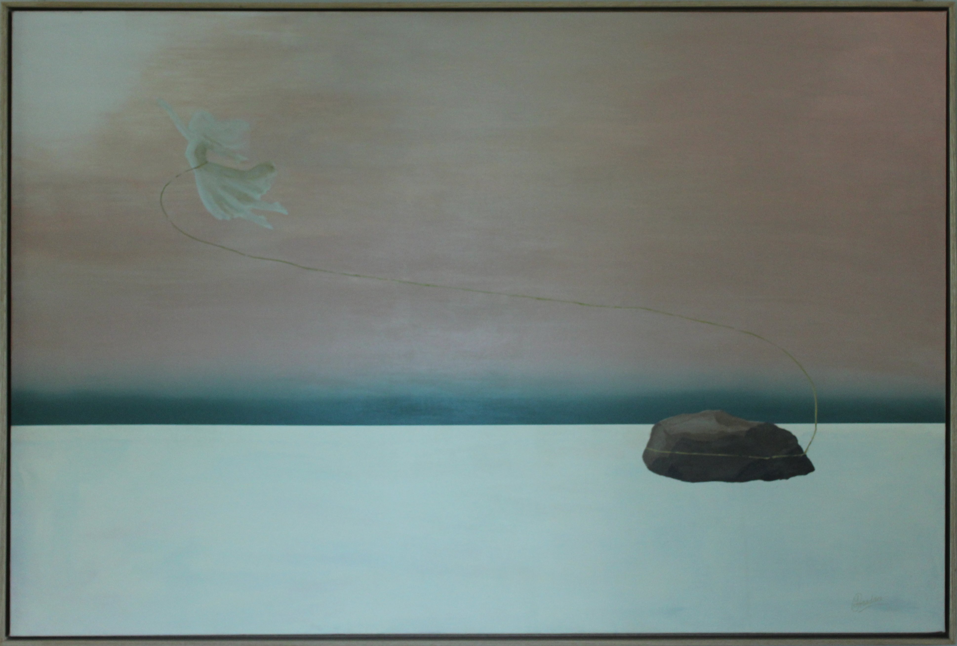 Tethered — boulder on an abstract horizon beneath a rose-peach sky, oak float frame